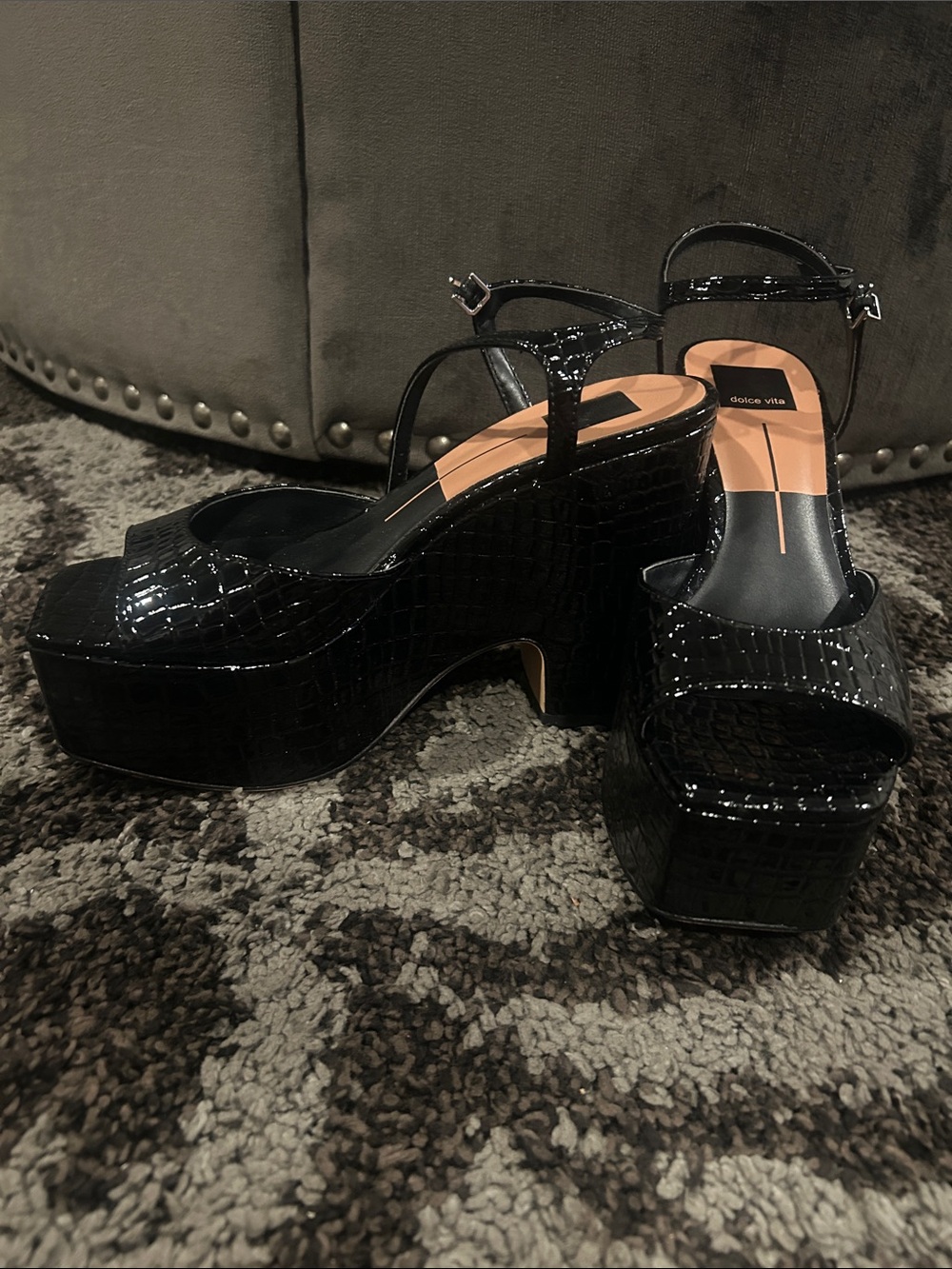 Dolce Vita Black Croc-Embossed Platform Slingbacks